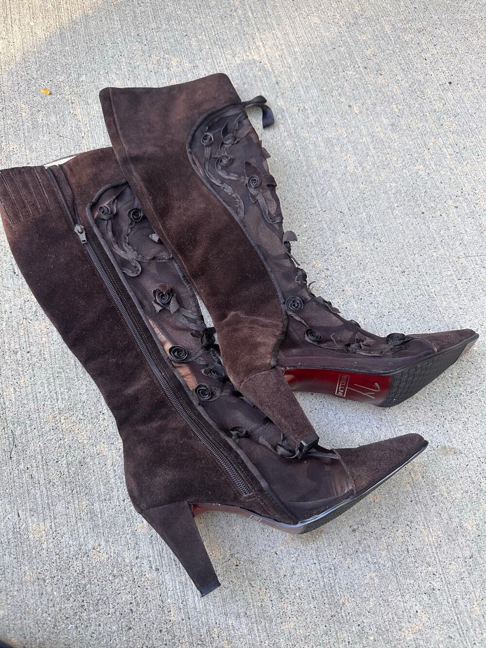 Vintage Bellini Sheer Panel Suede Rosette Design Boots Size 6.5 New, Rare Find!